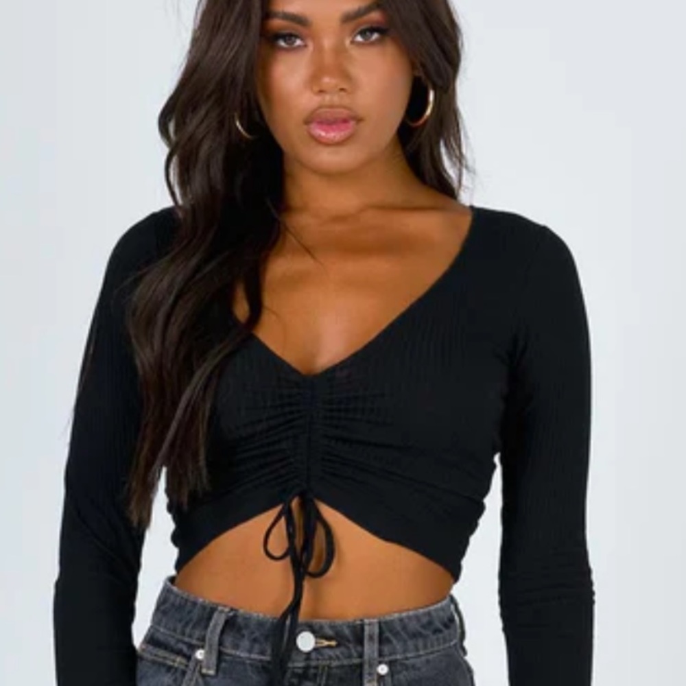 Princess polly - pinch me black long sleeve cinch tie front v neck crop top